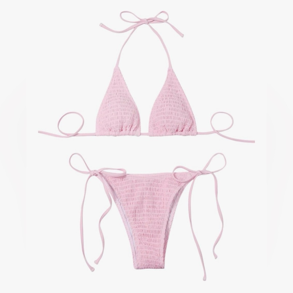 Light Pink Smocked Triangle String Bikini Set